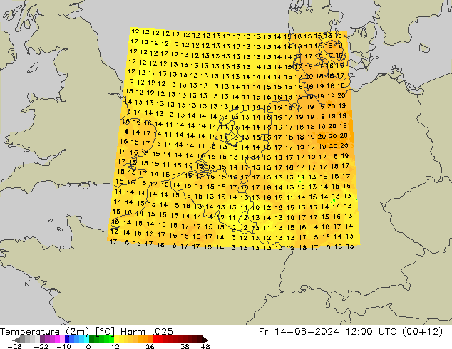 Temperature (2m) Harm .025 Fr 14.06.2024 12 UTC