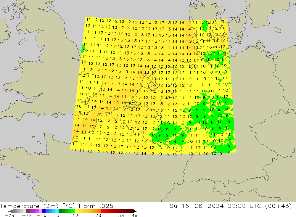 Temperatura (2m) Harm .025 Dom 16.06.2024 00 UTC