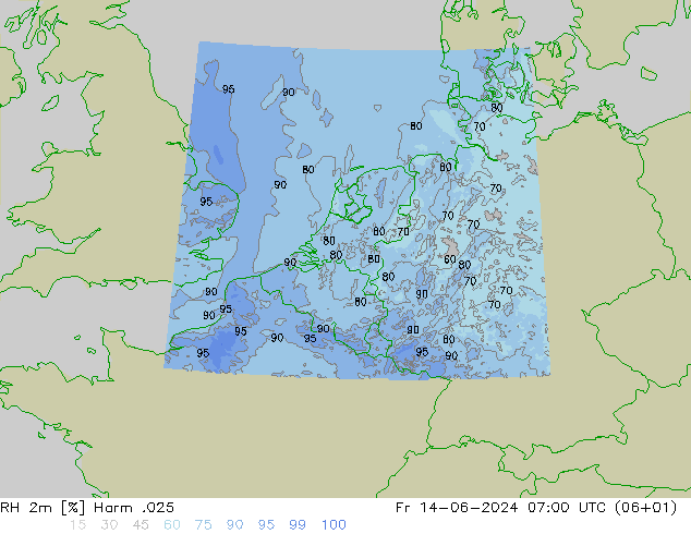 Humidité rel. 2m Harm .025 ven 14.06.2024 07 UTC