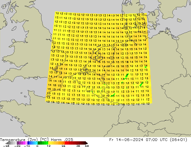 Temperatuurkaart (2m) Harm .025 vr 14.06.2024 07 UTC