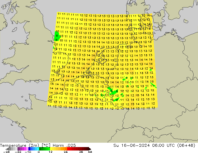Temperature (2m) Harm .025 Su 16.06.2024 06 UTC