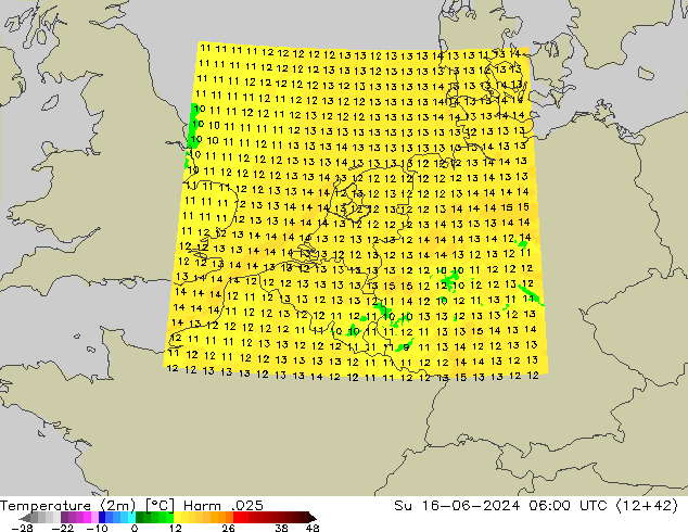 Temperature (2m) Harm .025 Su 16.06.2024 06 UTC