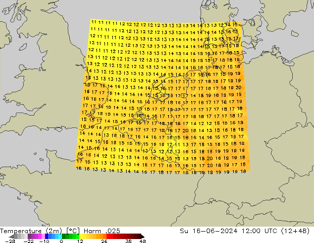 Temperatura (2m) Harm .025 dom 16.06.2024 12 UTC