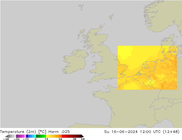 Temperatuurkaart (2m) Harm .025 zo 16.06.2024 12 UTC