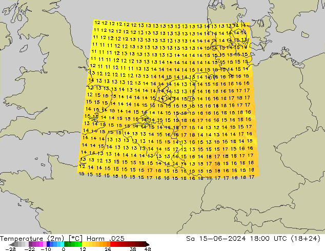 Temperature (2m) Harm .025 So 15.06.2024 18 UTC