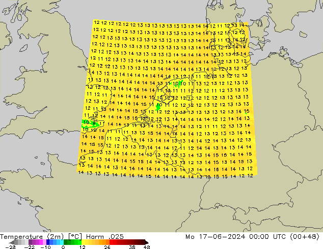 Temperatuurkaart (2m) Harm .025 ma 17.06.2024 00 UTC