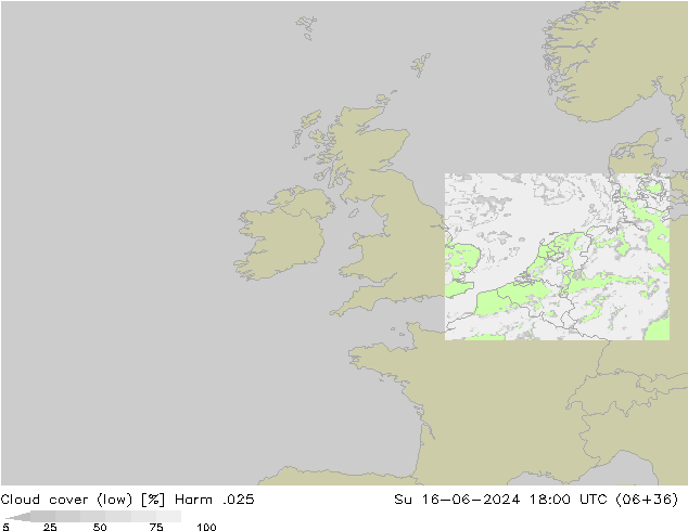 Cloud cover (low) Harm .025 Su 16.06.2024 18 UTC