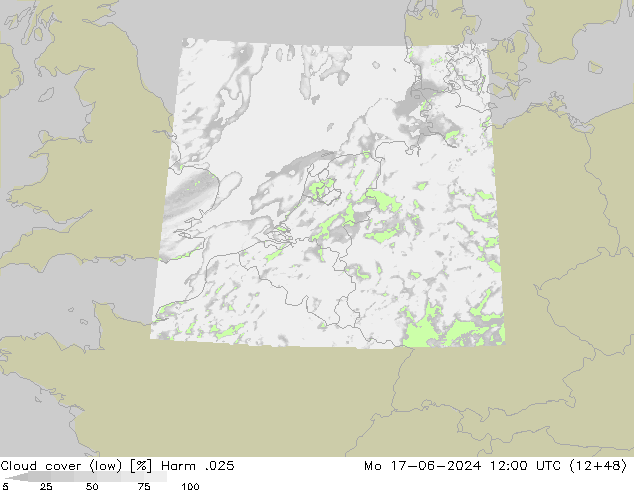 Cloud cover (low) Harm .025 Mo 17.06.2024 12 UTC