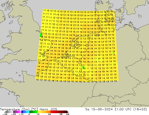Temperature (2m) Harm .025 Sa 15.06.2024 21 UTC