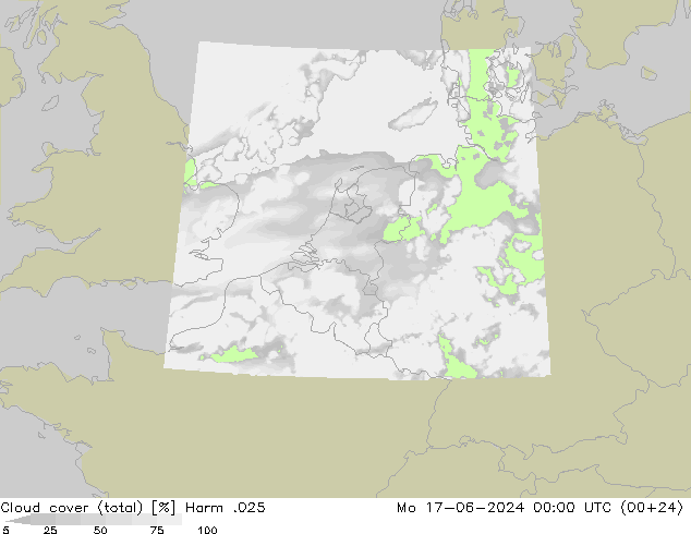 Cloud cover (total) Harm .025 Po 17.06.2024 00 UTC