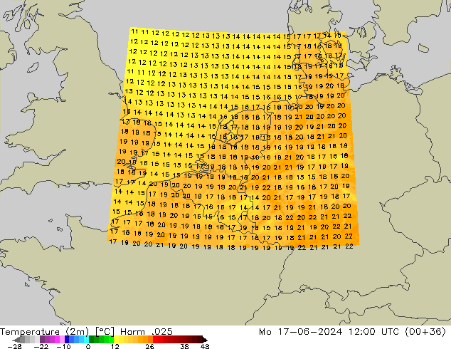 Temperatuurkaart (2m) Harm .025 ma 17.06.2024 12 UTC