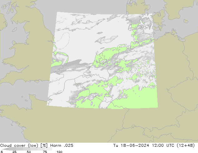 Cloud cover (low) Harm .025 Tu 18.06.2024 12 UTC