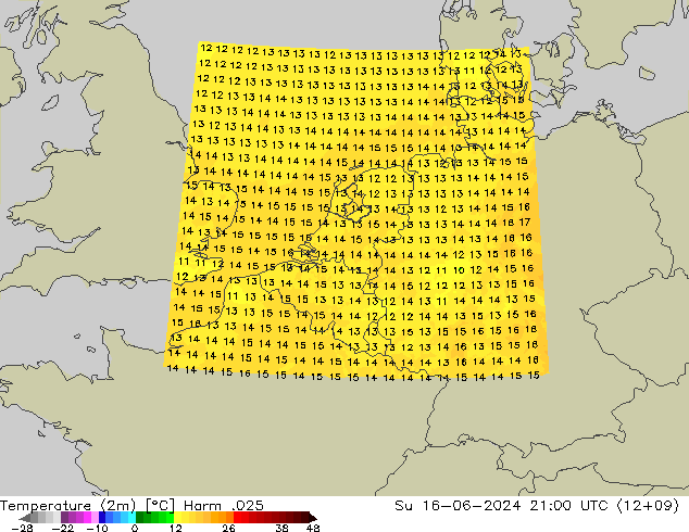 Temperatura (2m) Harm .025 dom 16.06.2024 21 UTC