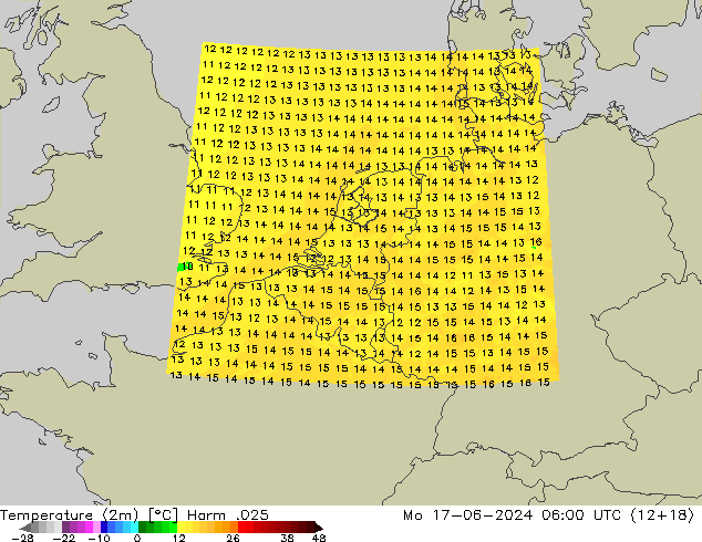 Temperatuurkaart (2m) Harm .025 ma 17.06.2024 06 UTC