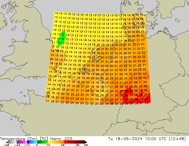 mapa temperatury (2m) Harm .025 wto. 18.06.2024 12 UTC
