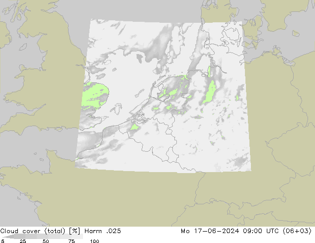 Cloud cover (total) Harm .025 Mo 17.06.2024 09 UTC
