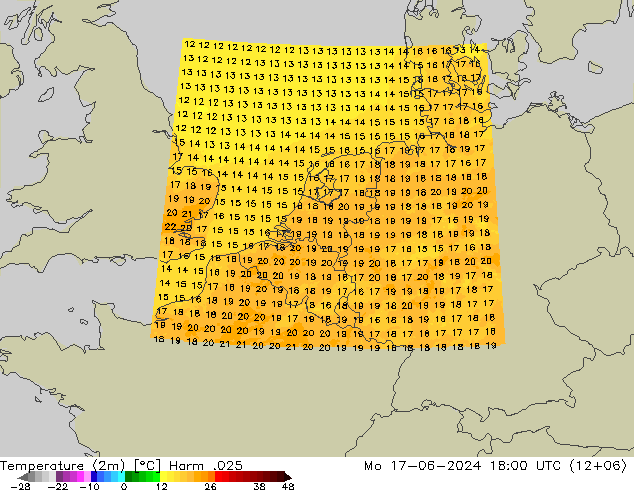 Temperatuurkaart (2m) Harm .025 ma 17.06.2024 18 UTC