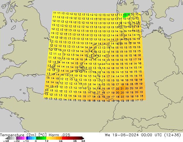 Temperatura (2m) Harm .025 mer 19.06.2024 00 UTC