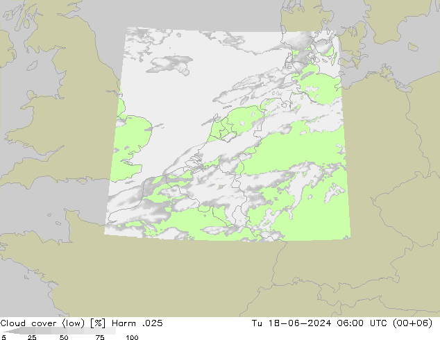 Cloud cover (low) Harm .025 Tu 18.06.2024 06 UTC