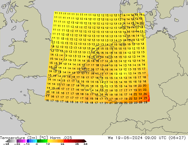 Temperatuurkaart (2m) Harm .025 wo 19.06.2024 09 UTC