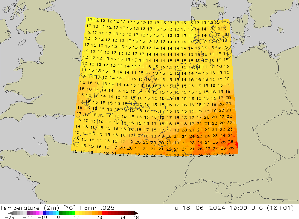 Temperatura (2m) Harm .025 Ter 18.06.2024 19 UTC