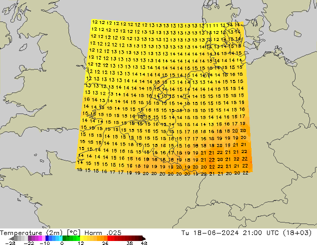 Temperature (2m) Harm .025 Tu 18.06.2024 21 UTC