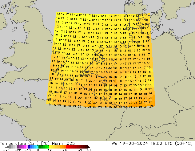 Temperatura (2m) Harm .025 mer 19.06.2024 18 UTC