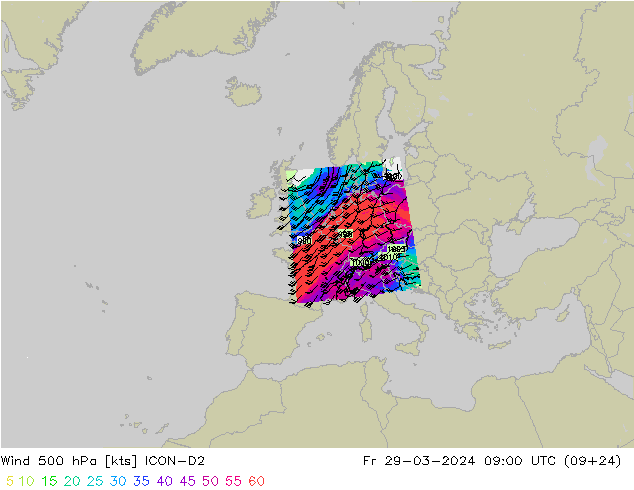 Rüzgar 500 hPa ICON-D2 Cu 29.03.2024 09 UTC