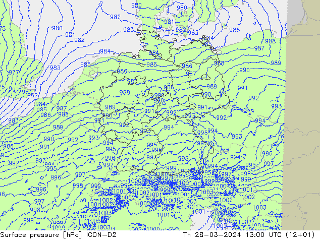 地面气压 ICON-D2 星期四 28.03.2024 13 UTC