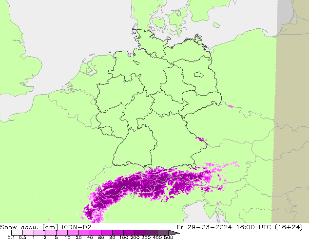 Snow accu. ICON-D2 Fr 29.03.2024 18 UTC
