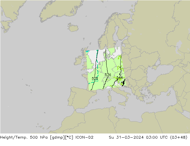 Height/Temp. 500 hPa ICON-D2 nie. 31.03.2024 03 UTC