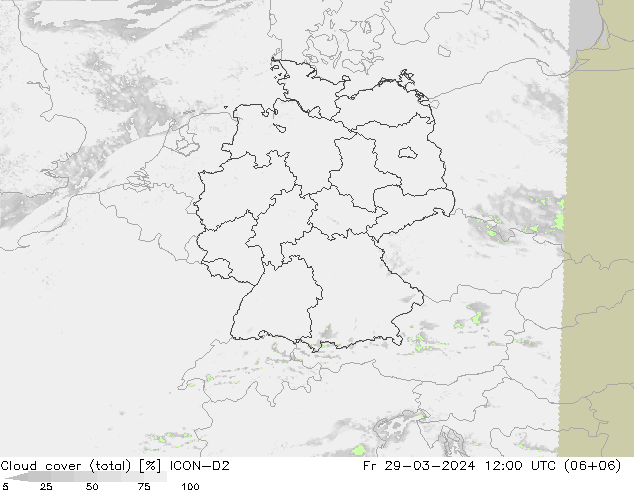 nuvens (total) ICON-D2 Sex 29.03.2024 12 UTC