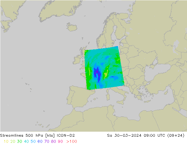 Linha de corrente 500 hPa ICON-D2 Sáb 30.03.2024 09 UTC