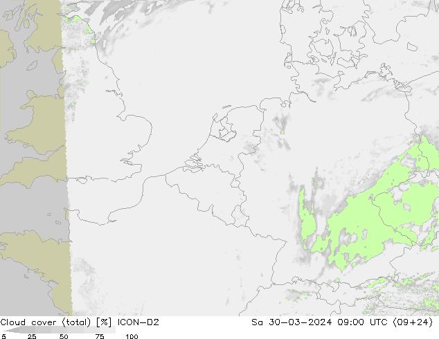 Cloud cover (total) ICON-D2 So 30.03.2024 09 UTC