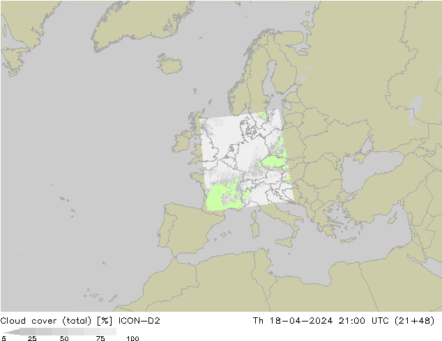 Cloud cover (total) ICON-D2 Th 18.04.2024 21 UTC