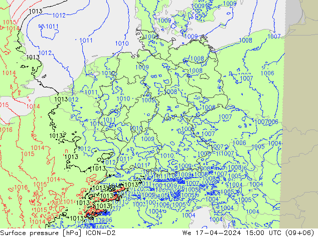 Atmosférický tlak ICON-D2 St 17.04.2024 15 UTC