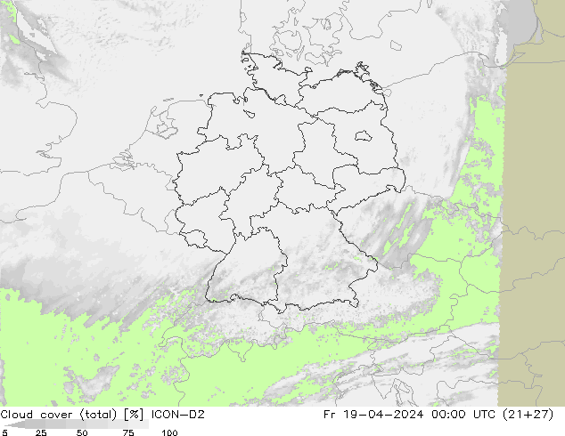 Cloud cover (total) ICON-D2 Fr 19.04.2024 00 UTC