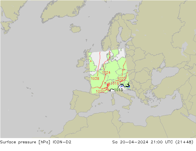 Pressione al suolo ICON-D2 sab 20.04.2024 21 UTC