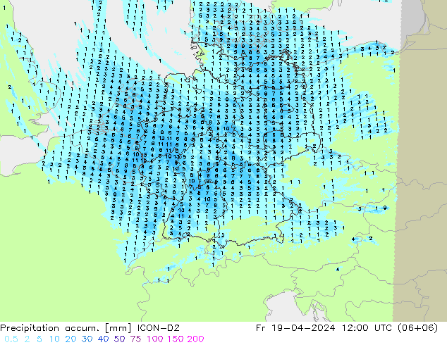 Precipitation accum. ICON-D2 Fr 19.04.2024 12 UTC