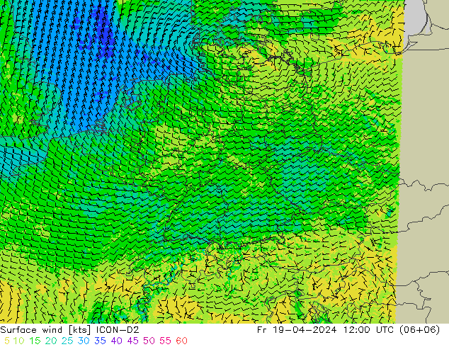 Surface wind ICON-D2 Fr 19.04.2024 12 UTC