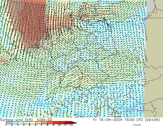 Surface wind (bft) ICON-D2 Fr 19.04.2024 15 UTC