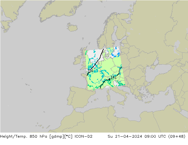 Height/Temp. 850 hPa ICON-D2 Su 21.04.2024 09 UTC