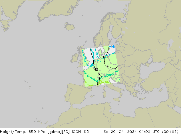 Height/Temp. 850 hPa ICON-D2 Sa 20.04.2024 01 UTC