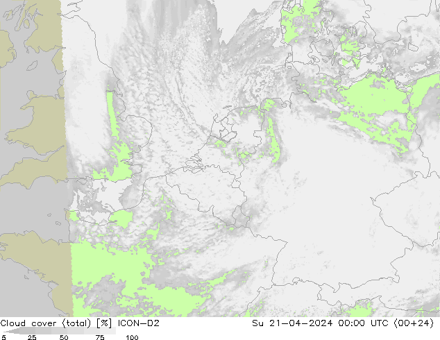 Cloud cover (total) ICON-D2 Su 21.04.2024 00 UTC