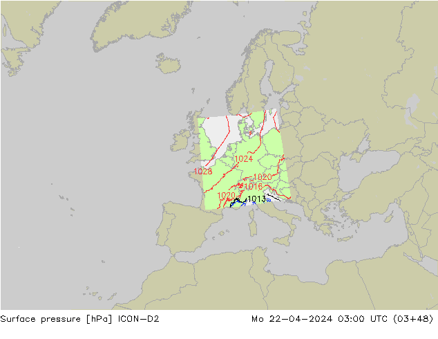Atmosférický tlak ICON-D2 Po 22.04.2024 03 UTC