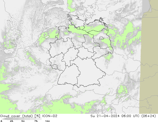 Cloud cover (total) ICON-D2 Su 21.04.2024 06 UTC