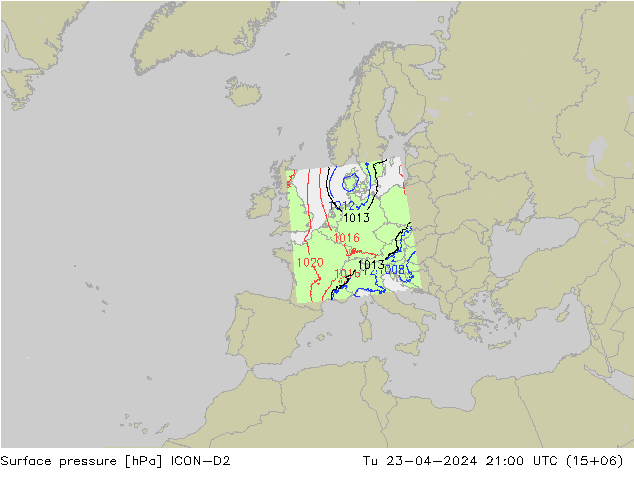 Presión superficial ICON-D2 mar 23.04.2024 21 UTC