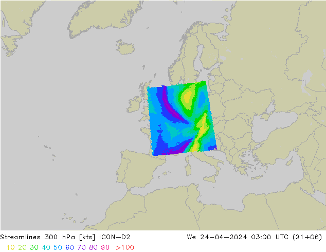 Rüzgar 300 hPa ICON-D2 Çar 24.04.2024 03 UTC