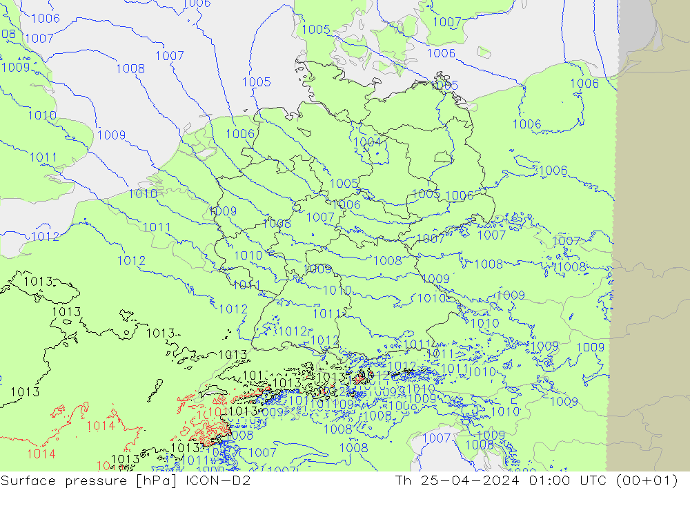 Pressione al suolo ICON-D2 gio 25.04.2024 01 UTC
