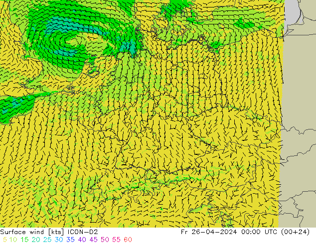 Surface wind ICON-D2 Pá 26.04.2024 00 UTC